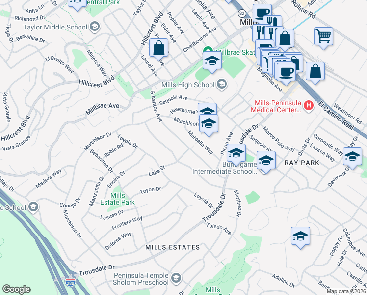 map of restaurants, bars, coffee shops, grocery stores, and more near 257 South Ashton Avenue in Millbrae