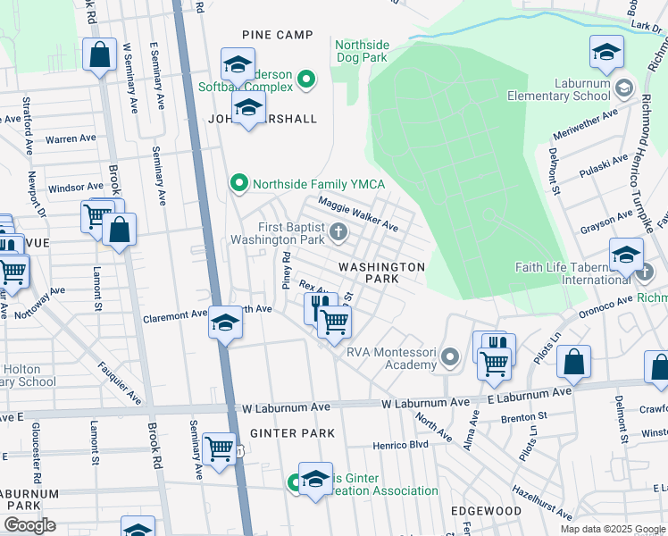 map of restaurants, bars, coffee shops, grocery stores, and more near 714 Akron Street in Richmond