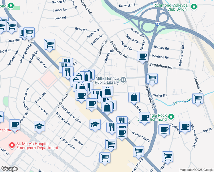 map of restaurants, bars, coffee shops, grocery stores, and more near 5313 Masons Lane in Richmond