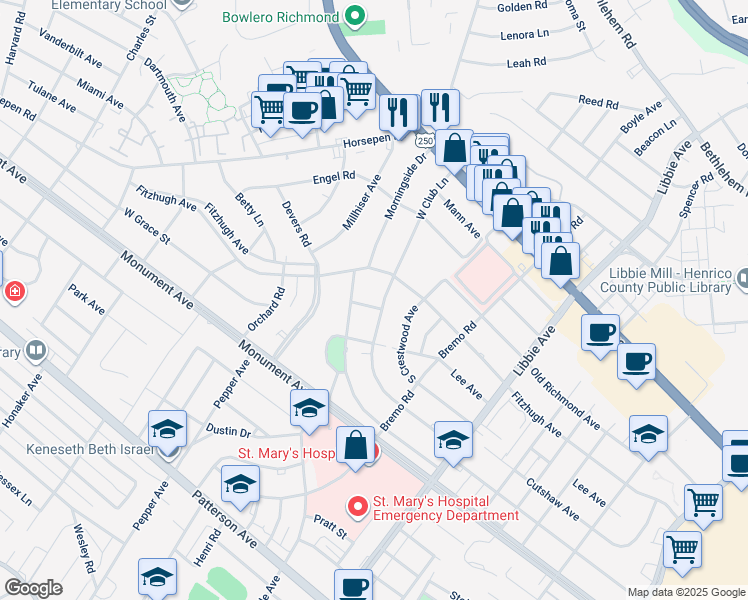 map of restaurants, bars, coffee shops, grocery stores, and more near 6101 West Club Lane in Richmond