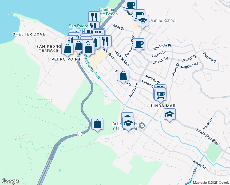 map of restaurants, bars, coffee shops, grocery stores, and more near 1444 Flores Drive in Pacifica