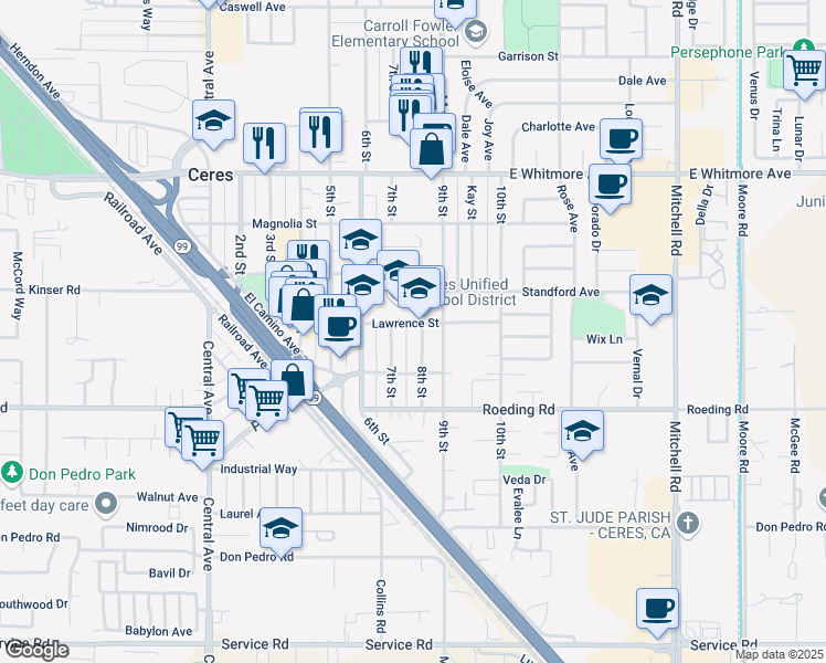 map of restaurants, bars, coffee shops, grocery stores, and more near 2500 Lawrence Street in Ceres