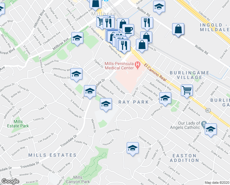 map of restaurants, bars, coffee shops, grocery stores, and more near 1735 Marco Polo Way in Burlingame