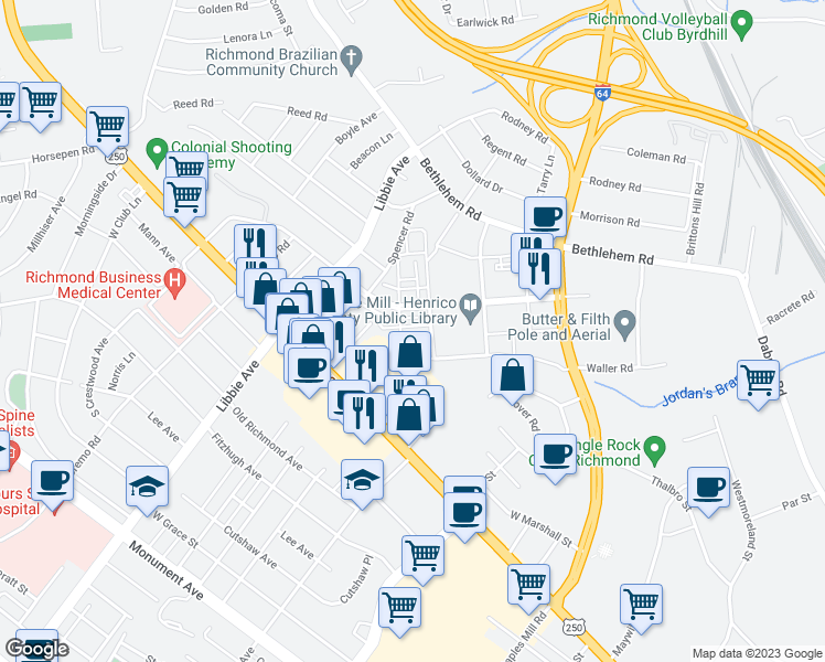 map of restaurants, bars, coffee shops, grocery stores, and more near 5309 Masons Lane in Richmond