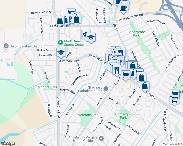map of restaurants, bars, coffee shops, grocery stores, and more near 4238 Queen Anne Drive in Union City