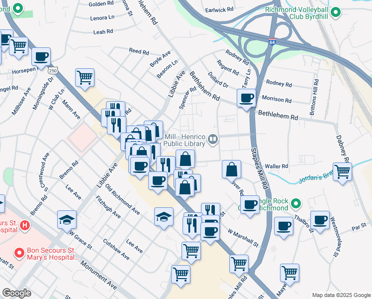 map of restaurants, bars, coffee shops, grocery stores, and more near 5309 Masons Lane in Richmond