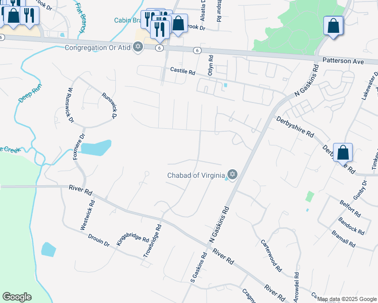 map of restaurants, bars, coffee shops, grocery stores, and more near 9804 Brooks Hall Place in Richmond