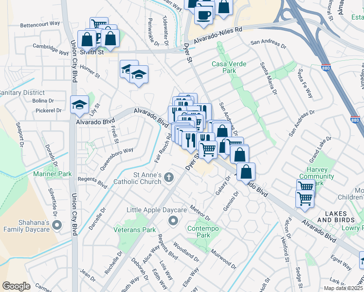 map of restaurants, bars, coffee shops, grocery stores, and more near 31853 Alvarado Boulevard in Union City