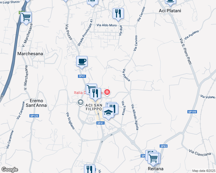 map of restaurants, bars, coffee shops, grocery stores, and more near 69b Via San Giuseppe San Filippo in Aci Catena