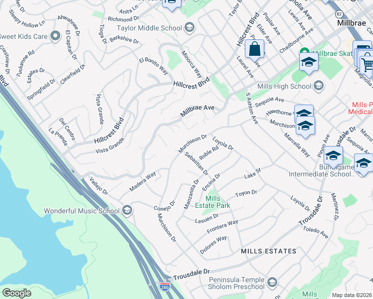 map of restaurants, bars, coffee shops, grocery stores, and more near 1285 Murchison Drive in Millbrae