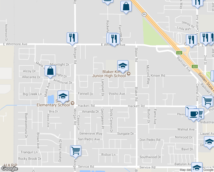 map of restaurants, bars, coffee shops, grocery stores, and more near 3009 Ambleside Way in Ceres