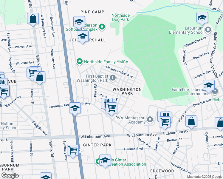 map of restaurants, bars, coffee shops, grocery stores, and more near 714 Akron Street in Richmond