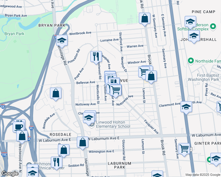 map of restaurants, bars, coffee shops, grocery stores, and more near 4030 Macarthur Avenue in Richmond