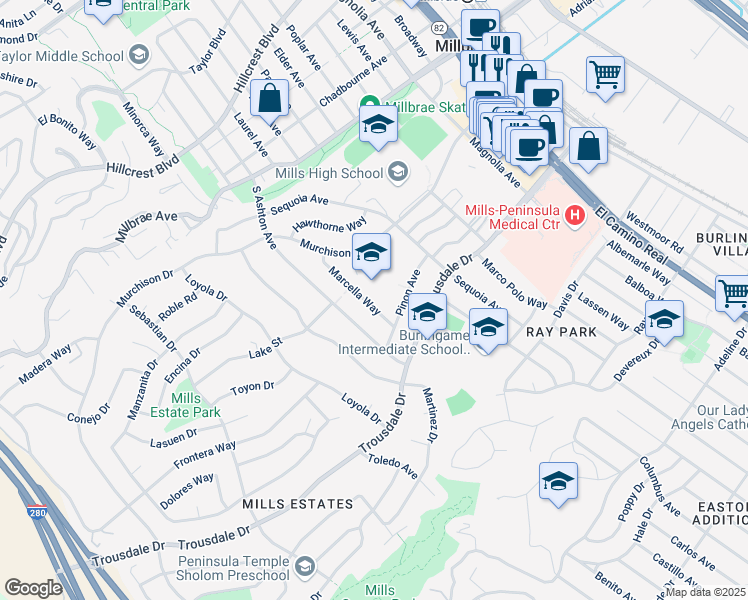 map of restaurants, bars, coffee shops, grocery stores, and more near 340 Marcella Way in Millbrae
