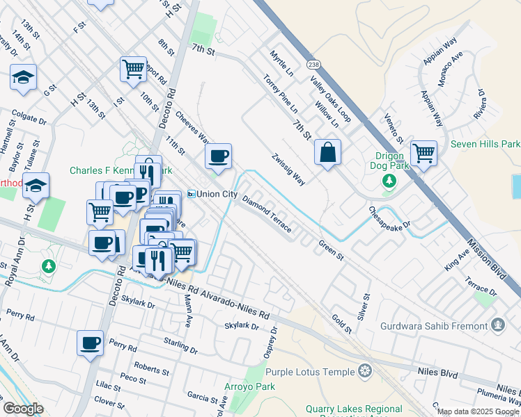 map of restaurants, bars, coffee shops, grocery stores, and more near 35089 Diamond Terrace in Union City