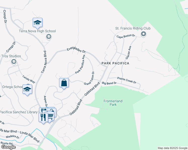 map of restaurants, bars, coffee shops, grocery stores, and more near 1122 Grand Teton Drive in Pacifica
