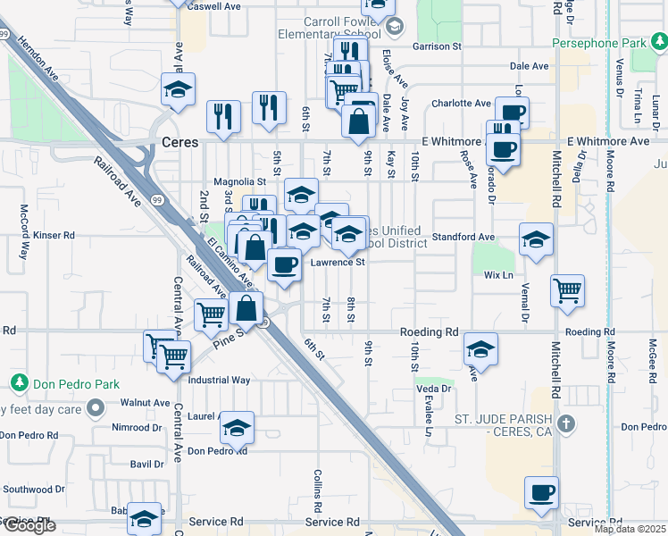 map of restaurants, bars, coffee shops, grocery stores, and more near 2500 Lawrence Street in Ceres