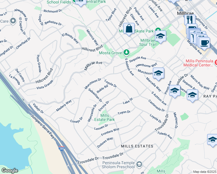 map of restaurants, bars, coffee shops, grocery stores, and more near 1205 Roble Road in Millbrae