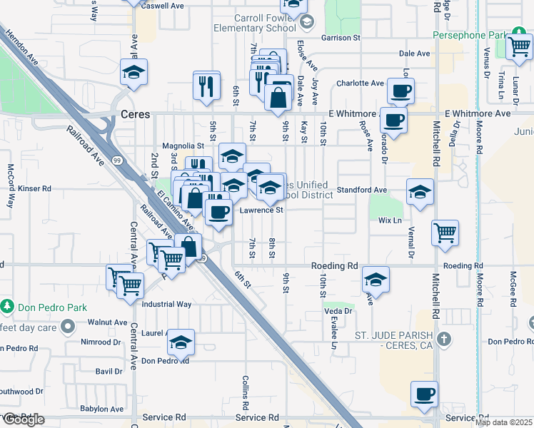 map of restaurants, bars, coffee shops, grocery stores, and more near 2500 Lawrence Street in Ceres