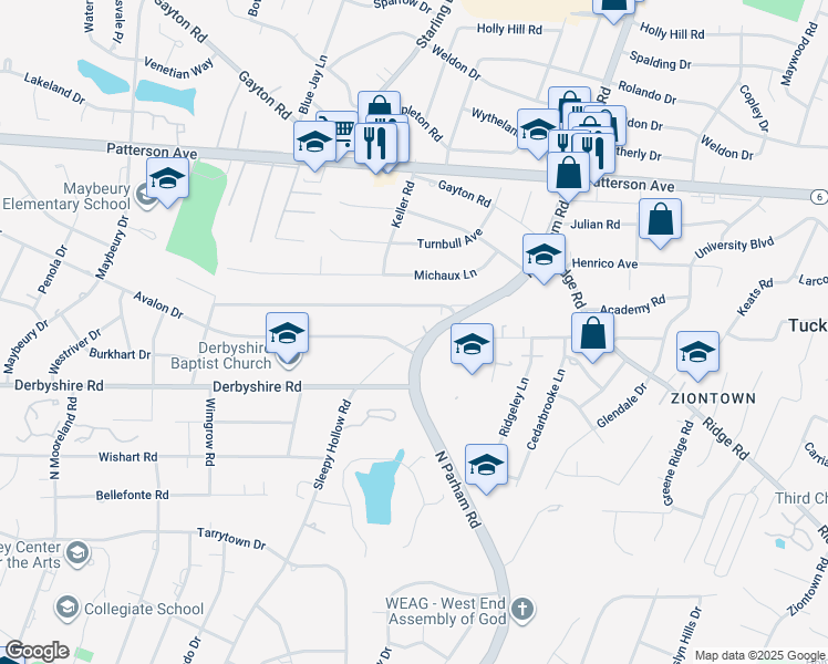 map of restaurants, bars, coffee shops, grocery stores, and more near 704 Sleepy Hollow Road in Henrico