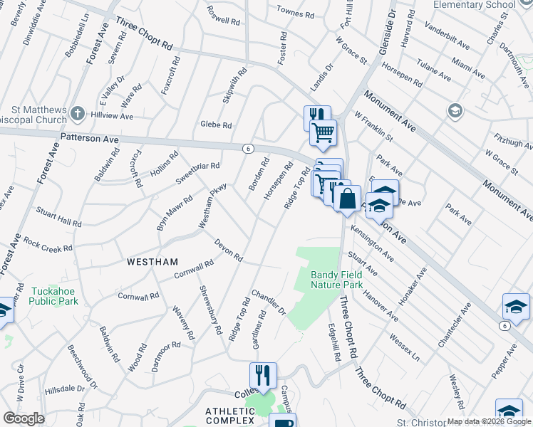 map of restaurants, bars, coffee shops, grocery stores, and more near 1003 Horsepen Road in Richmond