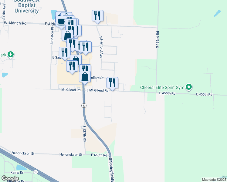 map of restaurants, bars, coffee shops, grocery stores, and more near 1480 East Mount Gilead Road in Bolivar