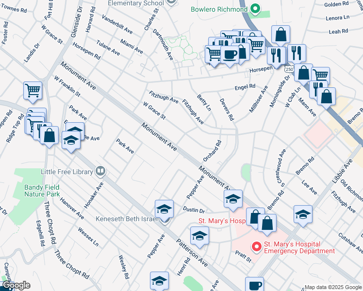 map of restaurants, bars, coffee shops, grocery stores, and more near 6418 Monument Avenue in Richmond