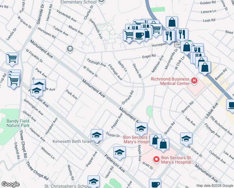 map of restaurants, bars, coffee shops, grocery stores, and more near 6415 West Grace Street in Richmond