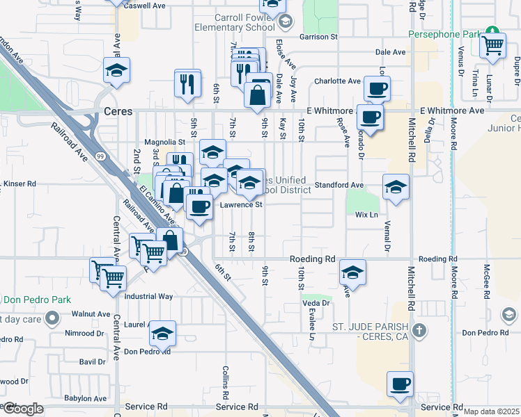 map of restaurants, bars, coffee shops, grocery stores, and more near 2560 Lawrence Street in Ceres