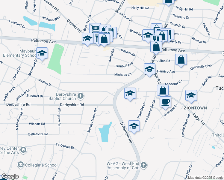 map of restaurants, bars, coffee shops, grocery stores, and more near 702 Sleepy Hollow Road in Richmond