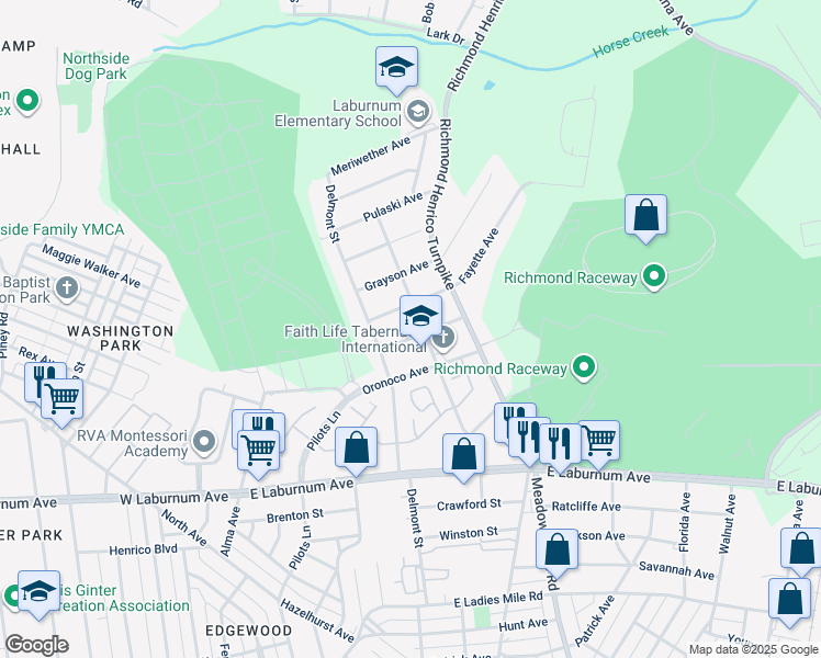 map of restaurants, bars, coffee shops, grocery stores, and more near 416 Greenbrier Avenue in Richmond