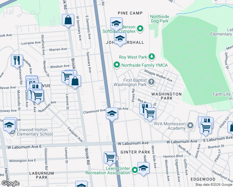 map of restaurants, bars, coffee shops, grocery stores, and more near 4006 Old Brook Road in Richmond