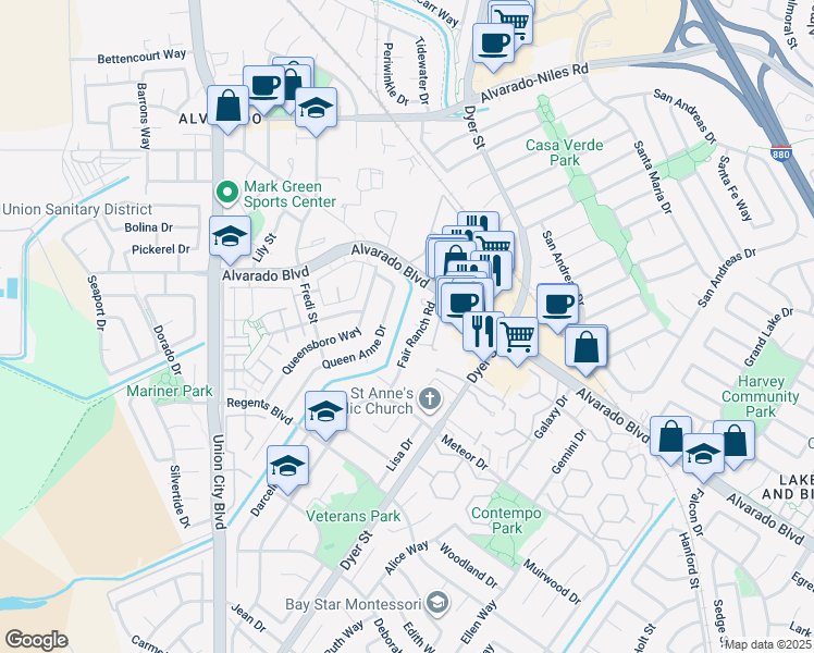 map of restaurants, bars, coffee shops, grocery stores, and more near 4167 Sunflower Court in Union City