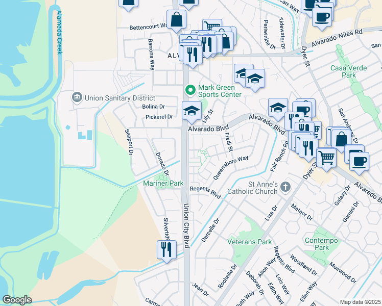 map of restaurants, bars, coffee shops, grocery stores, and more near 4434 Bolivar Place in Union City