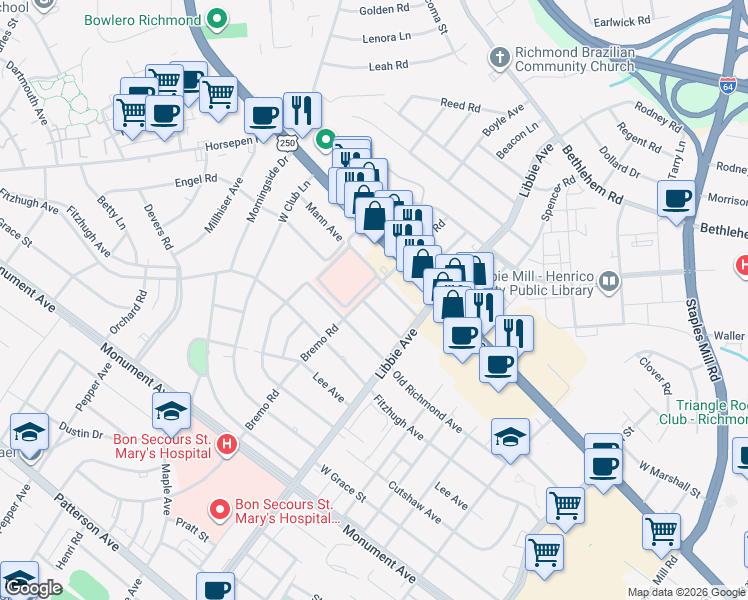 map of restaurants, bars, coffee shops, grocery stores, and more near 5810 Pollard Drive in Richmond