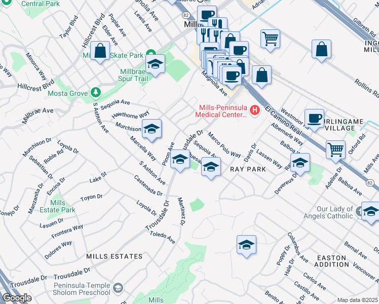 map of restaurants, bars, coffee shops, grocery stores, and more near 1766 Quesada Way in Burlingame