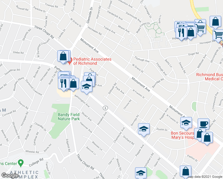 map of restaurants, bars, coffee shops, grocery stores, and more near 1006 Stillwell Road in Richmond