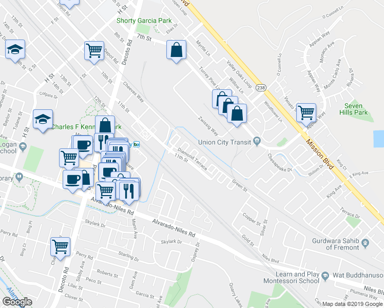 map of restaurants, bars, coffee shops, grocery stores, and more near 35089 Diamond Terrace in Union City