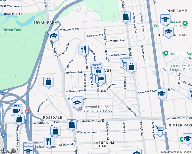 map of restaurants, bars, coffee shops, grocery stores, and more near 4032 Macarthur Avenue in Richmond