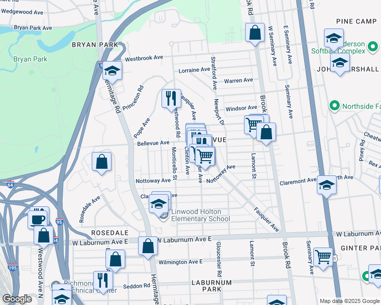 map of restaurants, bars, coffee shops, grocery stores, and more near 4029 Clinton Avenue in Richmond