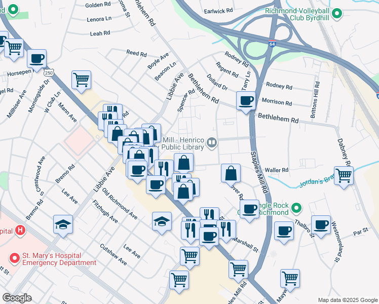 map of restaurants, bars, coffee shops, grocery stores, and more near 5313 Masons Lane in Richmond