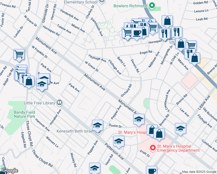 map of restaurants, bars, coffee shops, grocery stores, and more near 6418 Monument Avenue in Richmond