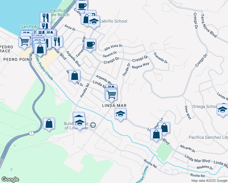 map of restaurants, bars, coffee shops, grocery stores, and more near 889 Arguello Boulevard in Pacifica