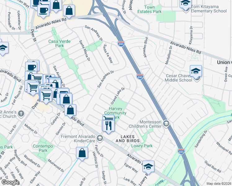 map of restaurants, bars, coffee shops, grocery stores, and more near 3377 Grand Lake Drive in Fremont