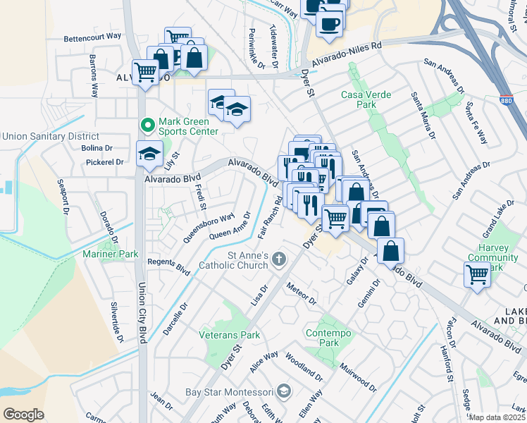 map of restaurants, bars, coffee shops, grocery stores, and more near 4167 Sunflower Court in Union City