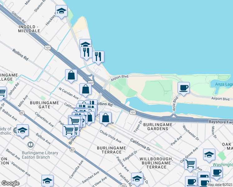 map of restaurants, bars, coffee shops, grocery stores, and more near 1177 Airport Boulevard in Burlingame