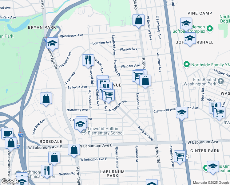 map of restaurants, bars, coffee shops, grocery stores, and more near 4021 Fauquier Avenue in Richmond