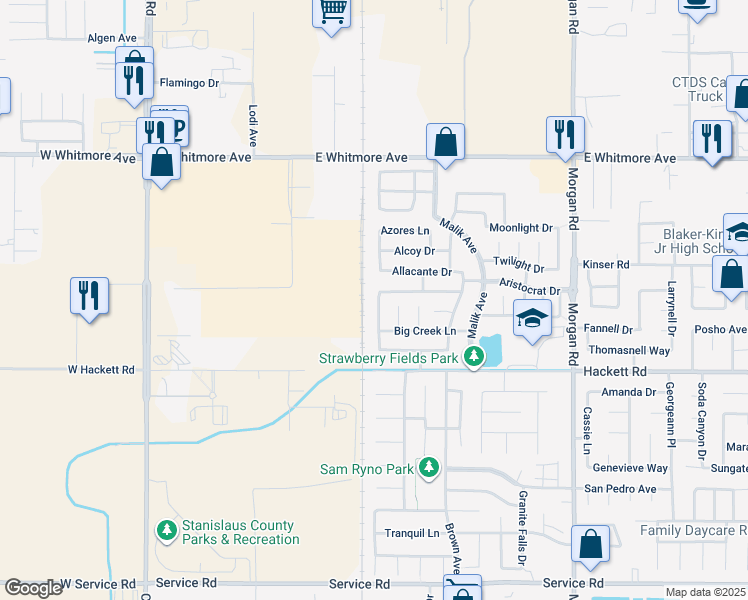 map of restaurants, bars, coffee shops, grocery stores, and more near 3043 Kimball Hill Drive in Ceres