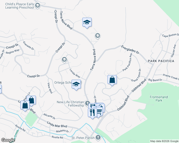 map of restaurants, bars, coffee shops, grocery stores, and more near 1351 Terra Nova Boulevard in Pacifica