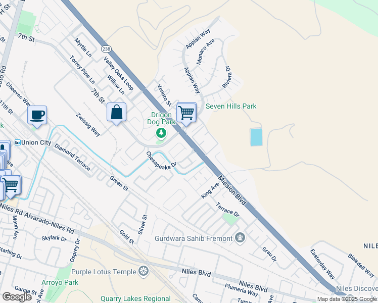 map of restaurants, bars, coffee shops, grocery stores, and more near 34633 South Cascades Circle in Union City